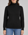 Women's Ribbed Knit Roll Neck Jumper with Plush Lined Interior in Black – Front View