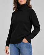 Women's Ribbed Knit Roll Neck Jumper with Plush Lined Interior in Black – Three-Quarter View