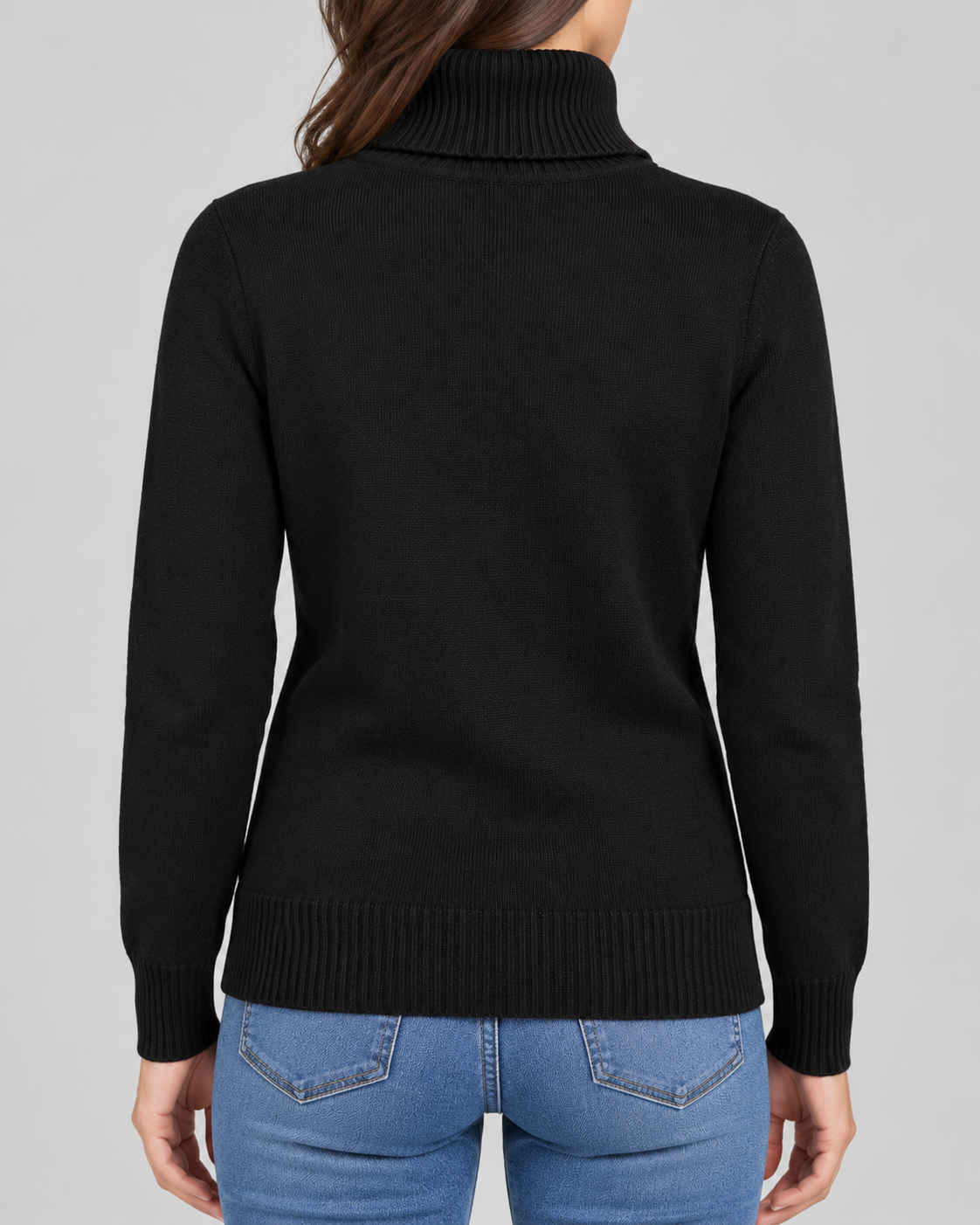 Women's Ribbed Knit Roll Neck Jumper with Plush Lined Interior in Black – Back View