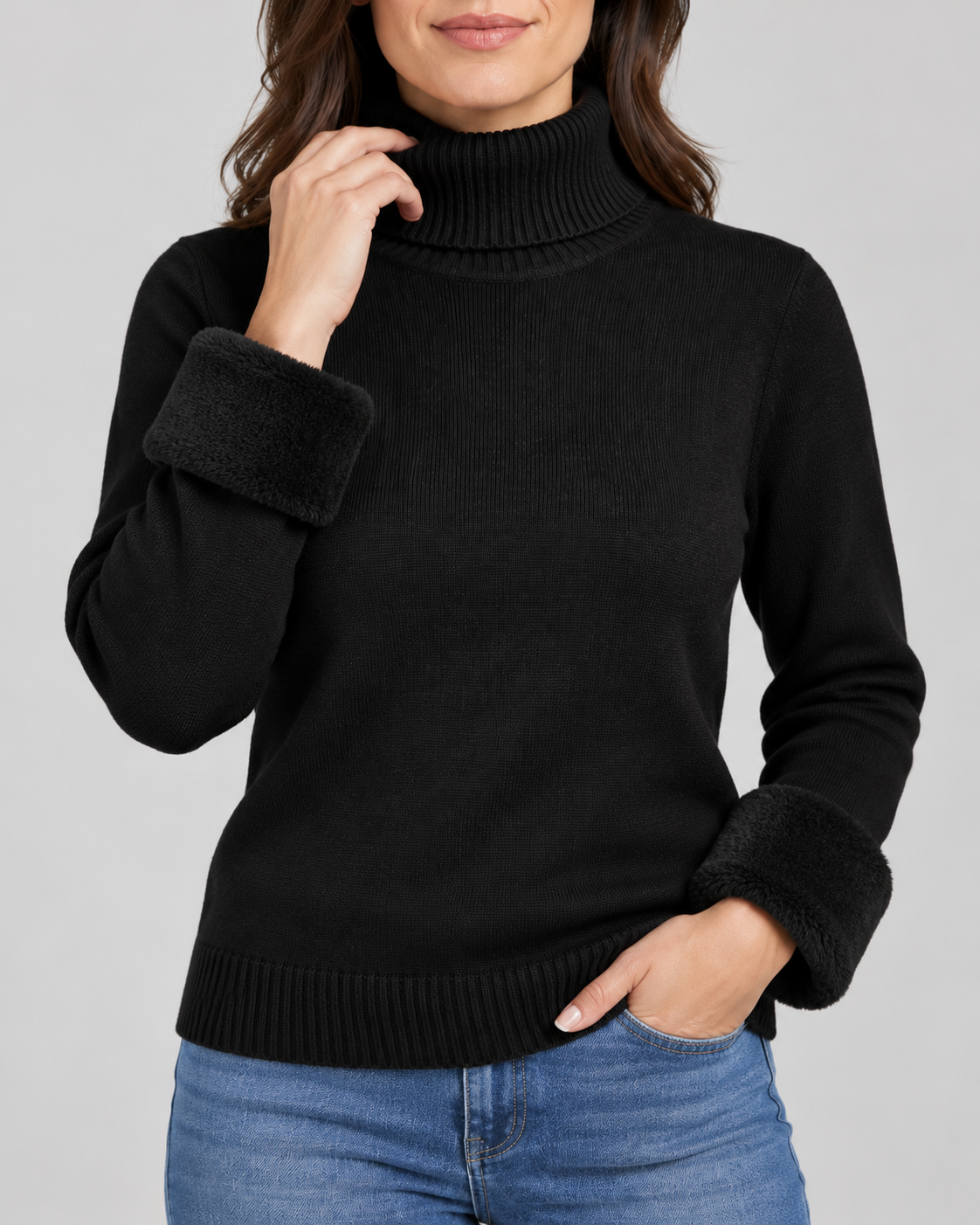Women's Ribbed Knit Roll Neck Jumper with Plush Lined Interior in Black – Detail