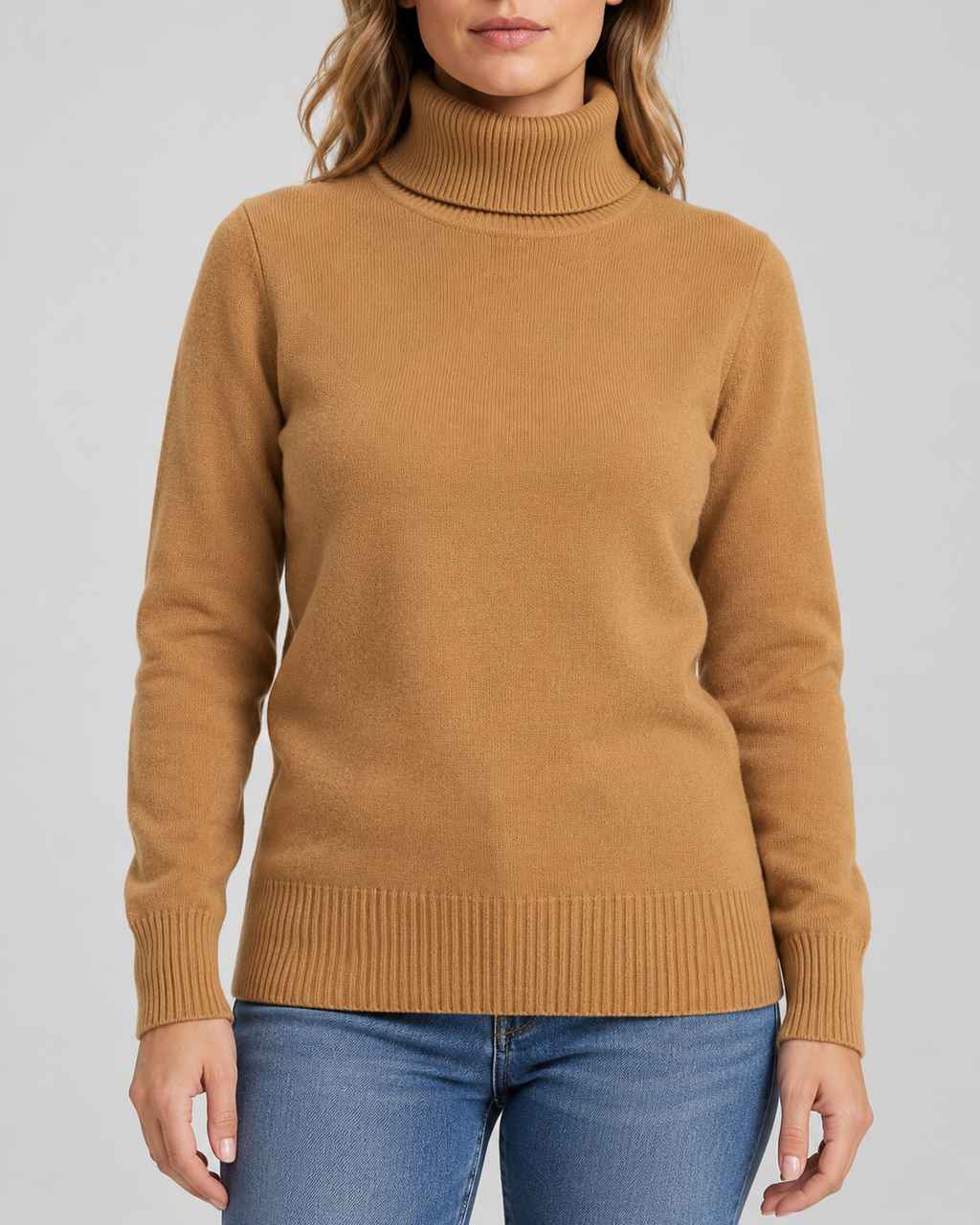 Women's Ribbed Knit Roll Neck Jumper with Plush Lined Interior in Camel – Front View