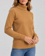 Women's Ribbed Knit Roll Neck Jumper with Plush Lined Interior in Camel – Three-Quarter View