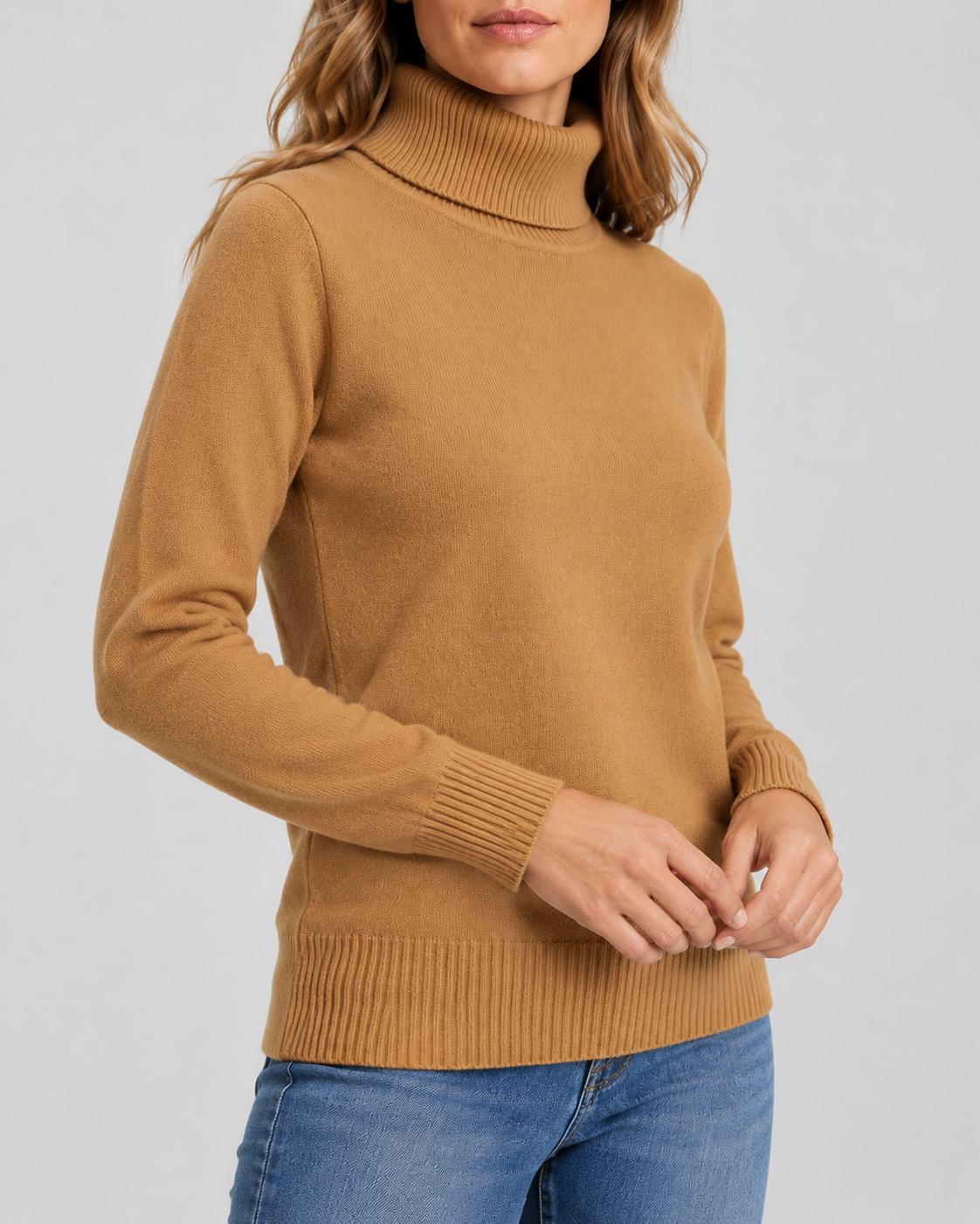 Women's Ribbed Knit Roll Neck Jumper with Plush Lined Interior in Camel – Three-Quarter View