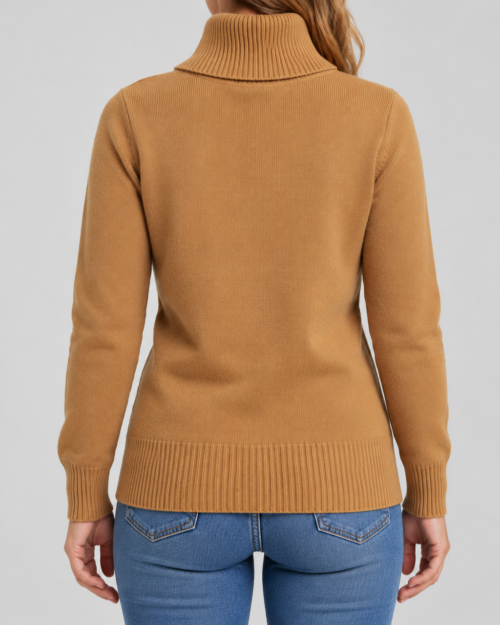 Women's Ribbed Knit Roll Neck Jumper with Plush Lined Interior in Camel – Back View