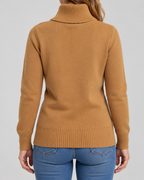 Women's Ribbed Knit Roll Neck Jumper with Plush Lined Interior in Camel – Back View
