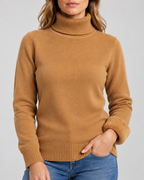 Women's Ribbed Knit Roll Neck Jumper with Plush Lined Interior in Camel – Detail