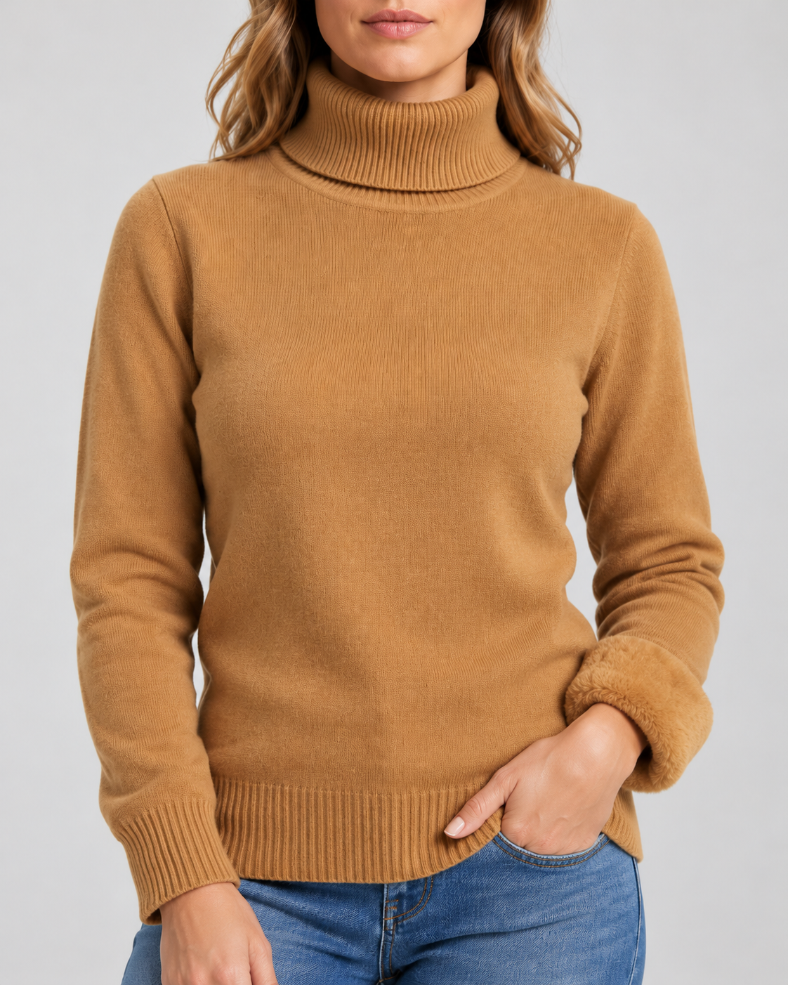 Women's Ribbed Knit Roll Neck Jumper with Plush Lined Interior in Camel – Detail