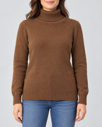 Women's Ribbed Knit Roll Neck Jumper with Plush Lined Interior in Coffee – Front View