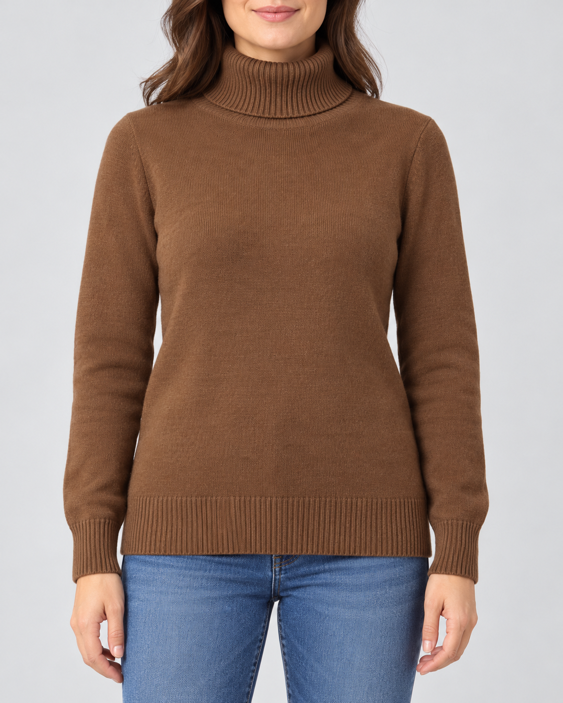 Women's Ribbed Knit Roll Neck Jumper with Plush Lined Interior in Coffee – Front View