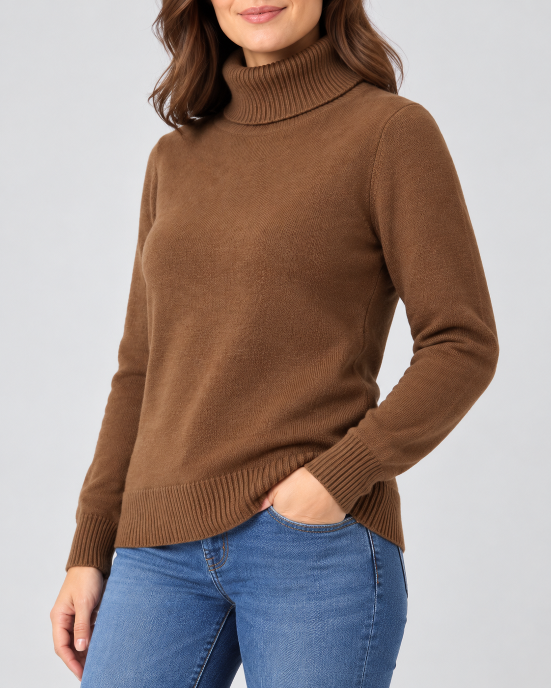 Women's Ribbed Knit Roll Neck Jumper with Plush Lined Interior in Coffee – Three-Quarter View