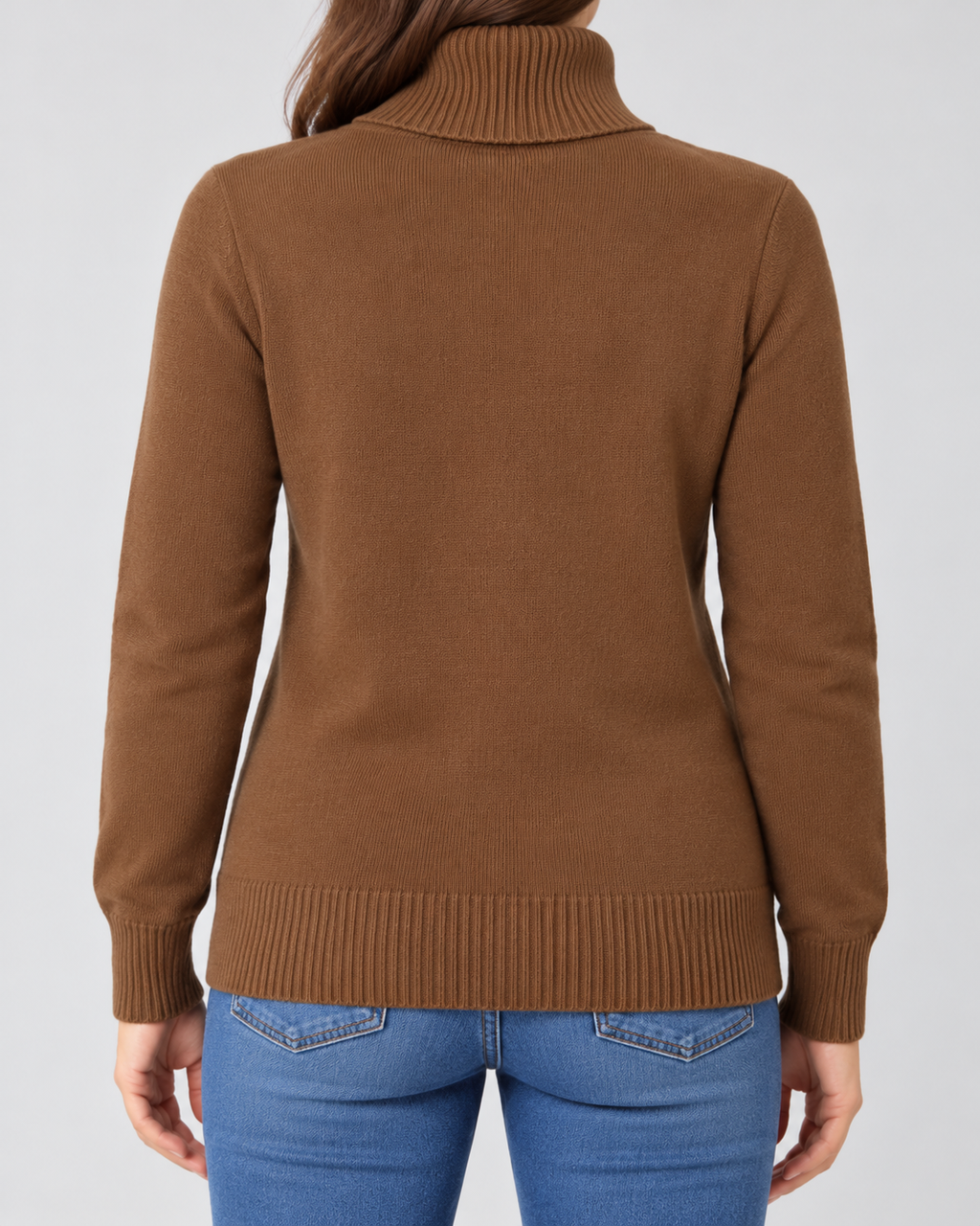 Women's Ribbed Knit Roll Neck Jumper with Plush Lined Interior in Coffee – Back View