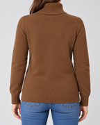 Women's Ribbed Knit Roll Neck Jumper with Plush Lined Interior in Coffee – Back View
