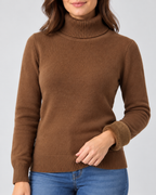 Women's Ribbed Knit Roll Neck Jumper with Plush Lined Interior in Coffee – Detail