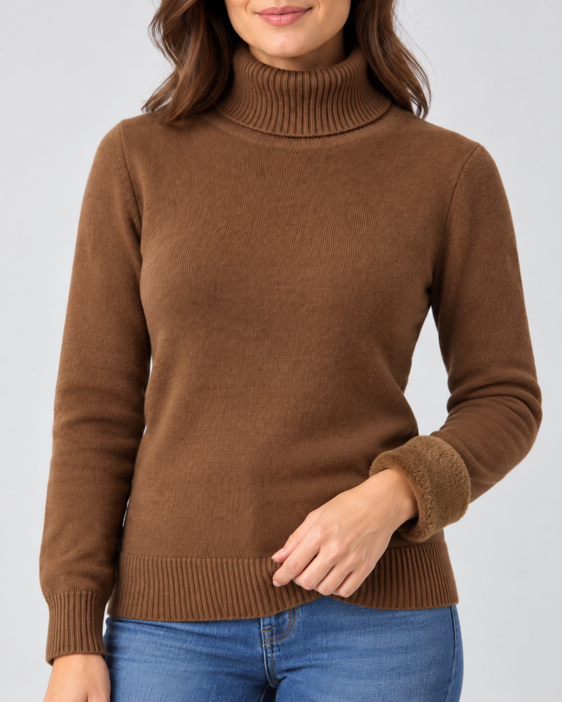 Women's Ribbed Knit Roll Neck Jumper with Plush Lined Interior in Coffee – Detail