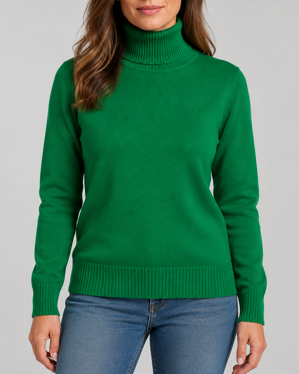 Women's Ribbed Knit Roll Neck Jumper with Plush Lined Interior in Dark Green – Front View