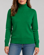 Women's Ribbed Knit Roll Neck Jumper with Plush Lined Interior in Dark Green – Front View
