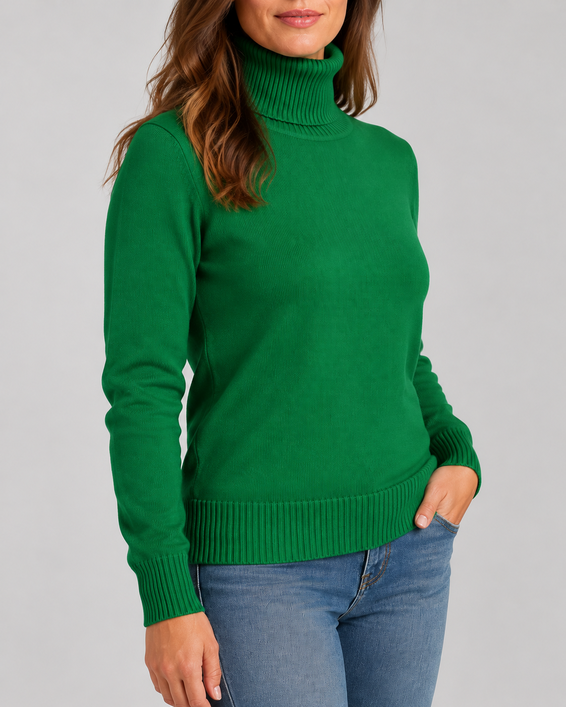 Women's Ribbed Knit Roll Neck Jumper with Plush Lined Interior in Dark Green – Three-Quarter View