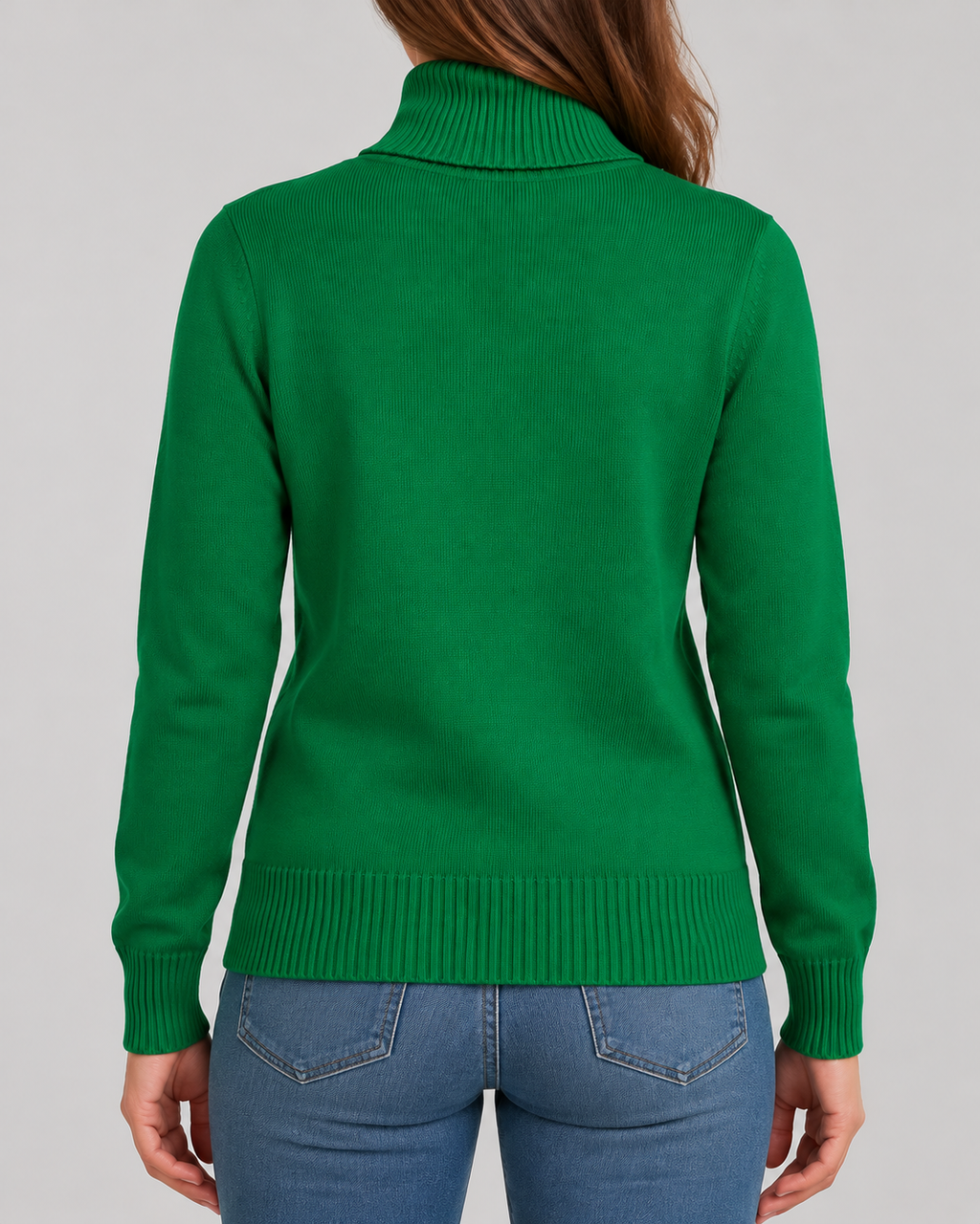 Women's Ribbed Knit Roll Neck Jumper with Plush Lined Interior in Dark Green – Back View