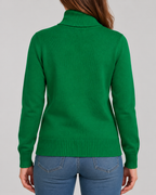 Women's Ribbed Knit Roll Neck Jumper with Plush Lined Interior in Dark Green – Back View