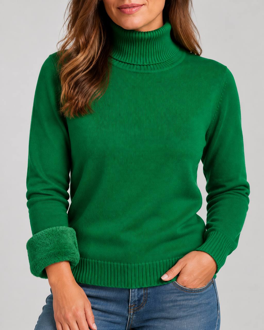 Women's Ribbed Knit Roll Neck Jumper with Plush Lined Interior in Dark Green – Detail