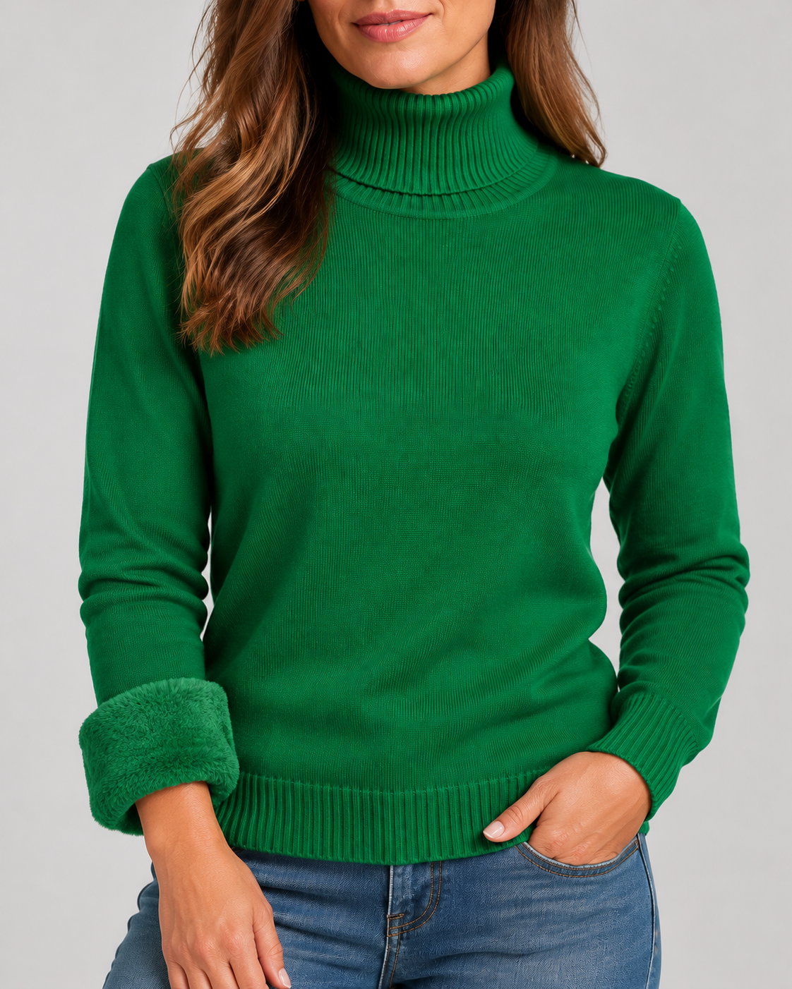 Women's Ribbed Knit Roll Neck Jumper with Plush Lined Interior in Dark Green – Detail