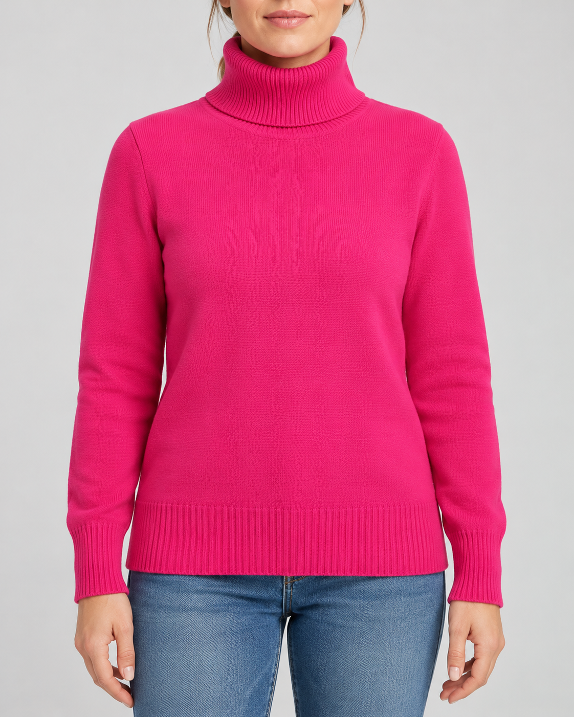 Women's Ribbed Knit Roll Neck Jumper with Plush Lined Interior in Dark Pink – Front View
