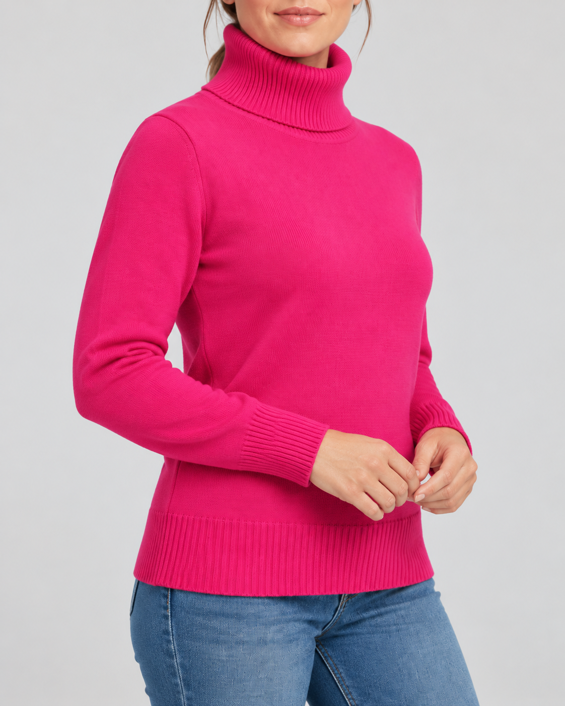 Women's Ribbed Knit Roll Neck Jumper with Plush Lined Interior in Dark Pink – Three-Quarter View