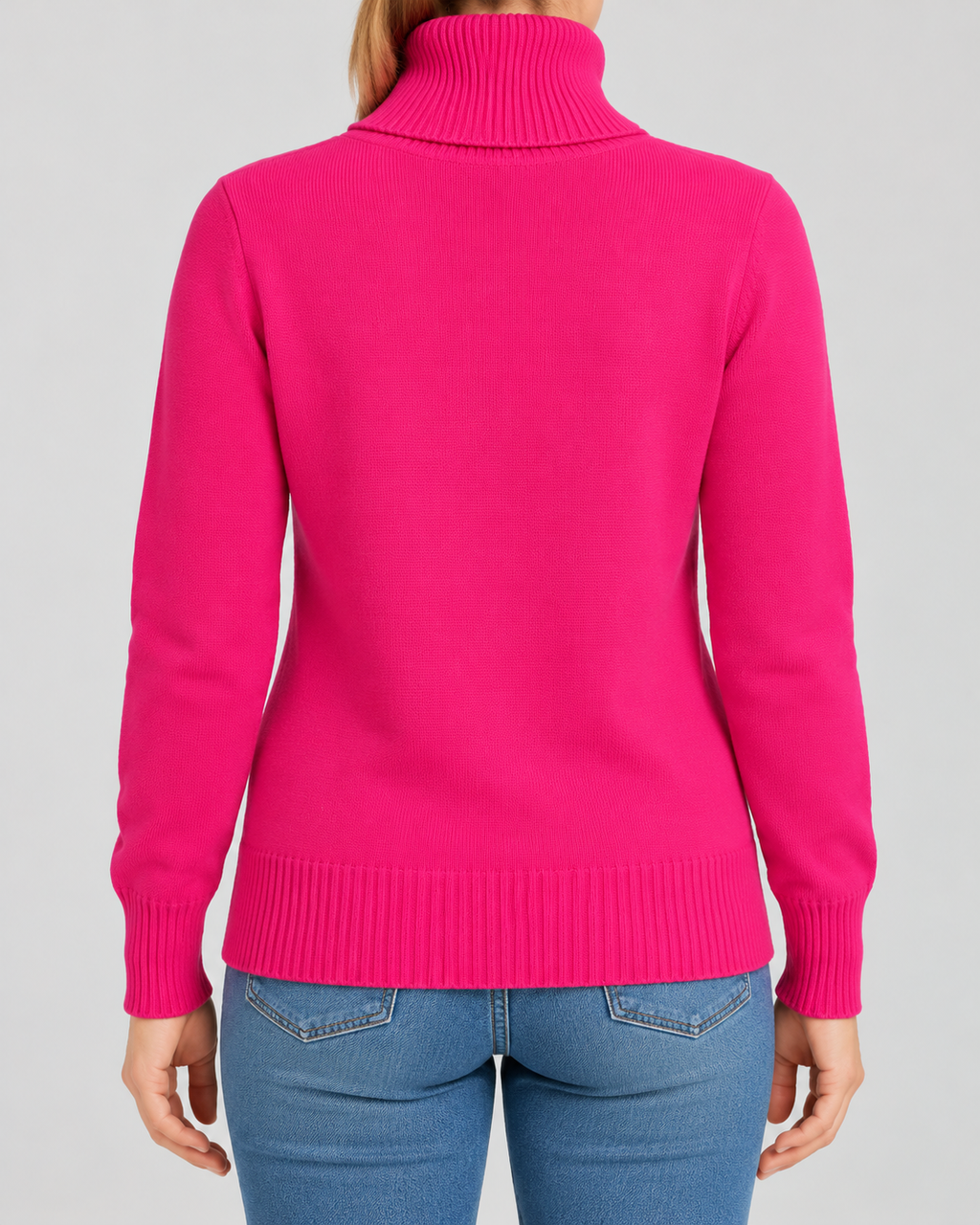 Women's Ribbed Knit Roll Neck Jumper with Plush Lined Interior in Dark Pink – Back View