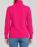 Women's Ribbed Knit Roll Neck Jumper with Plush Lined Interior in Dark Pink – Back View