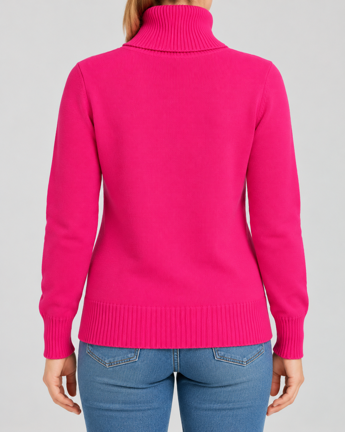 Women's Ribbed Knit Roll Neck Jumper with Plush Lined Interior in Dark Pink – Back View
