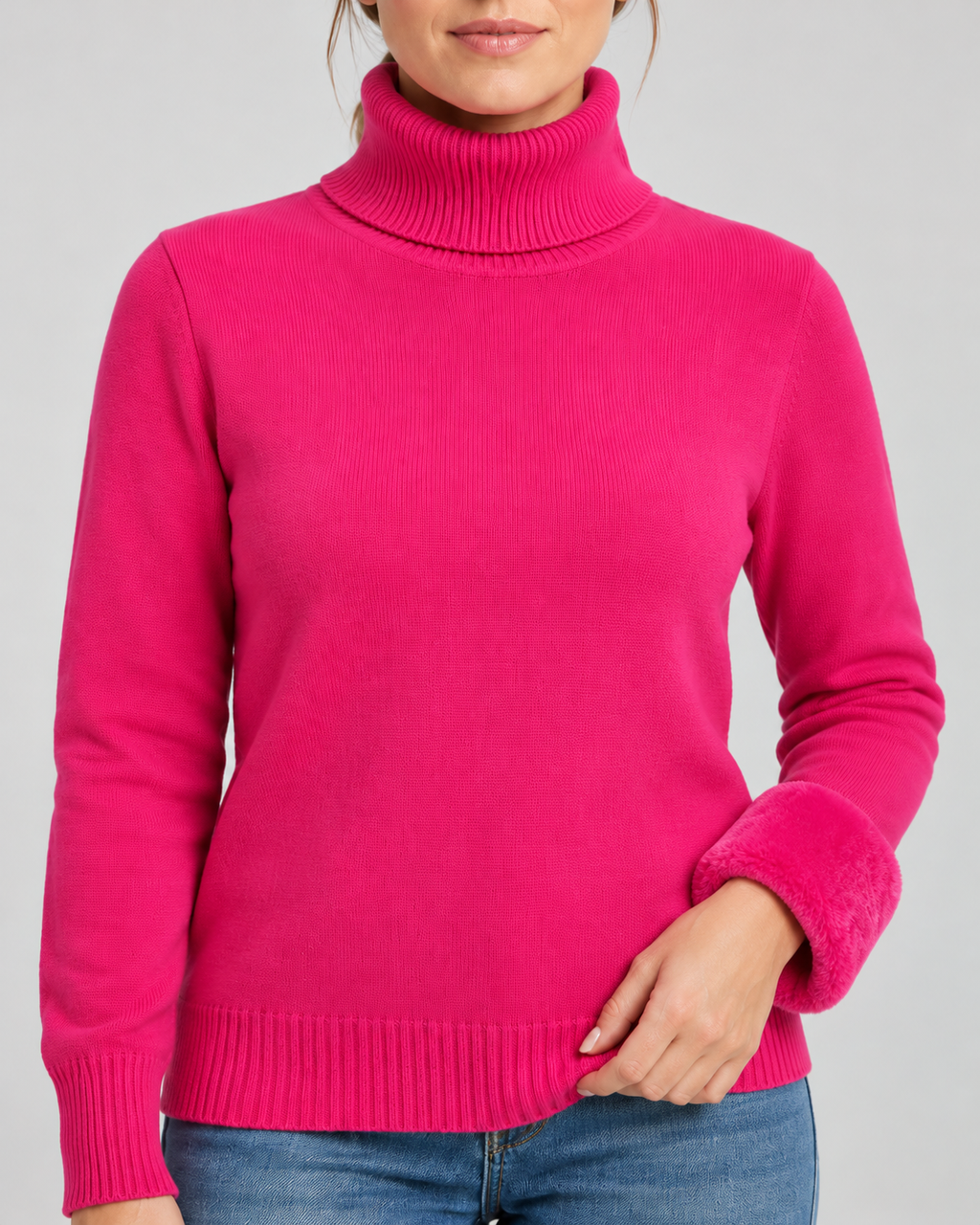 Women's Ribbed Knit Roll Neck Jumper with Plush Lined Interior in Dark Pink – Detail