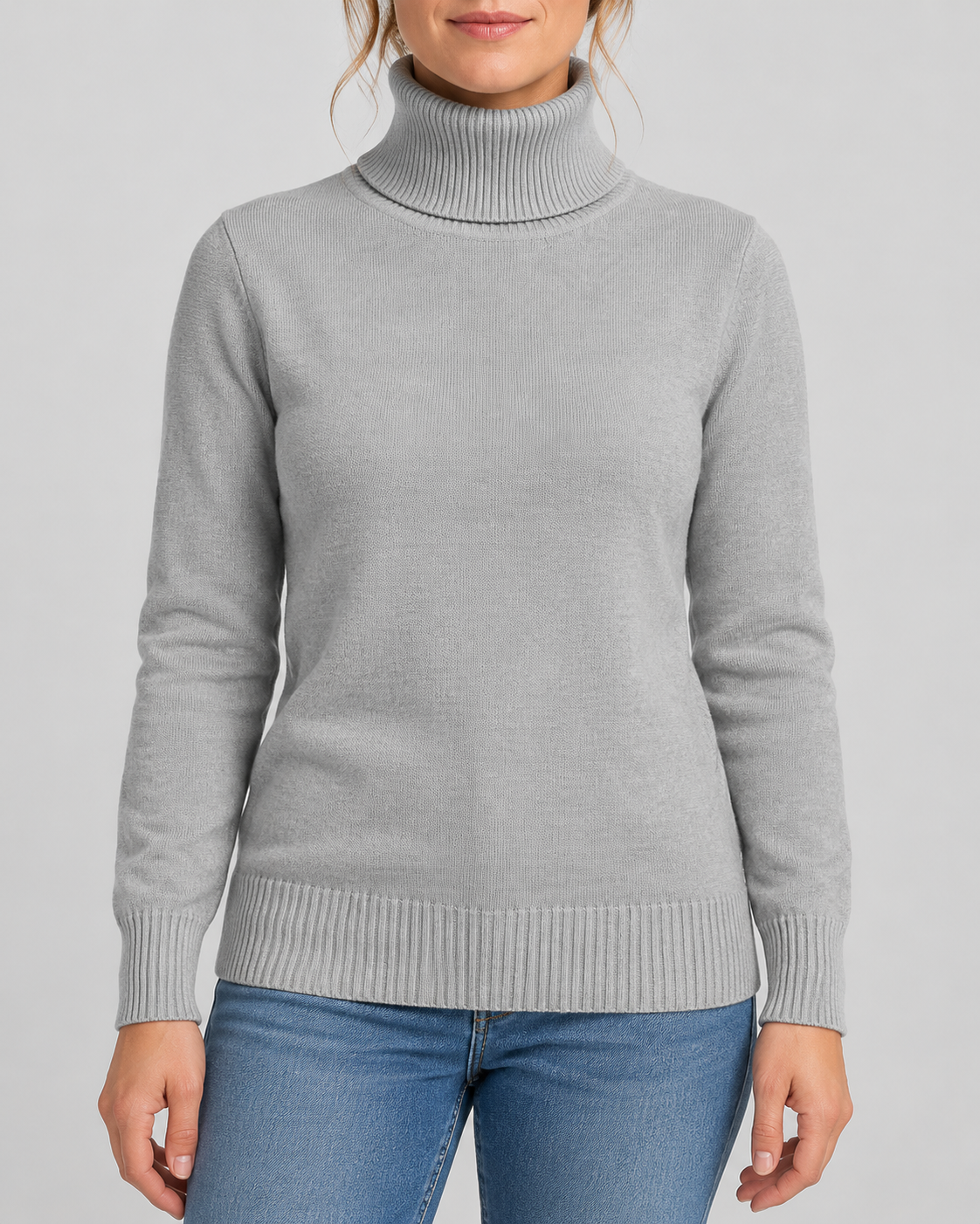 Women's Ribbed Knit Roll Neck Jumper with Plush Lined Interior in Grey – Front View