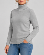Women's Ribbed Knit Roll Neck Jumper with Plush Lined Interior in Grey – Three-Quarter View