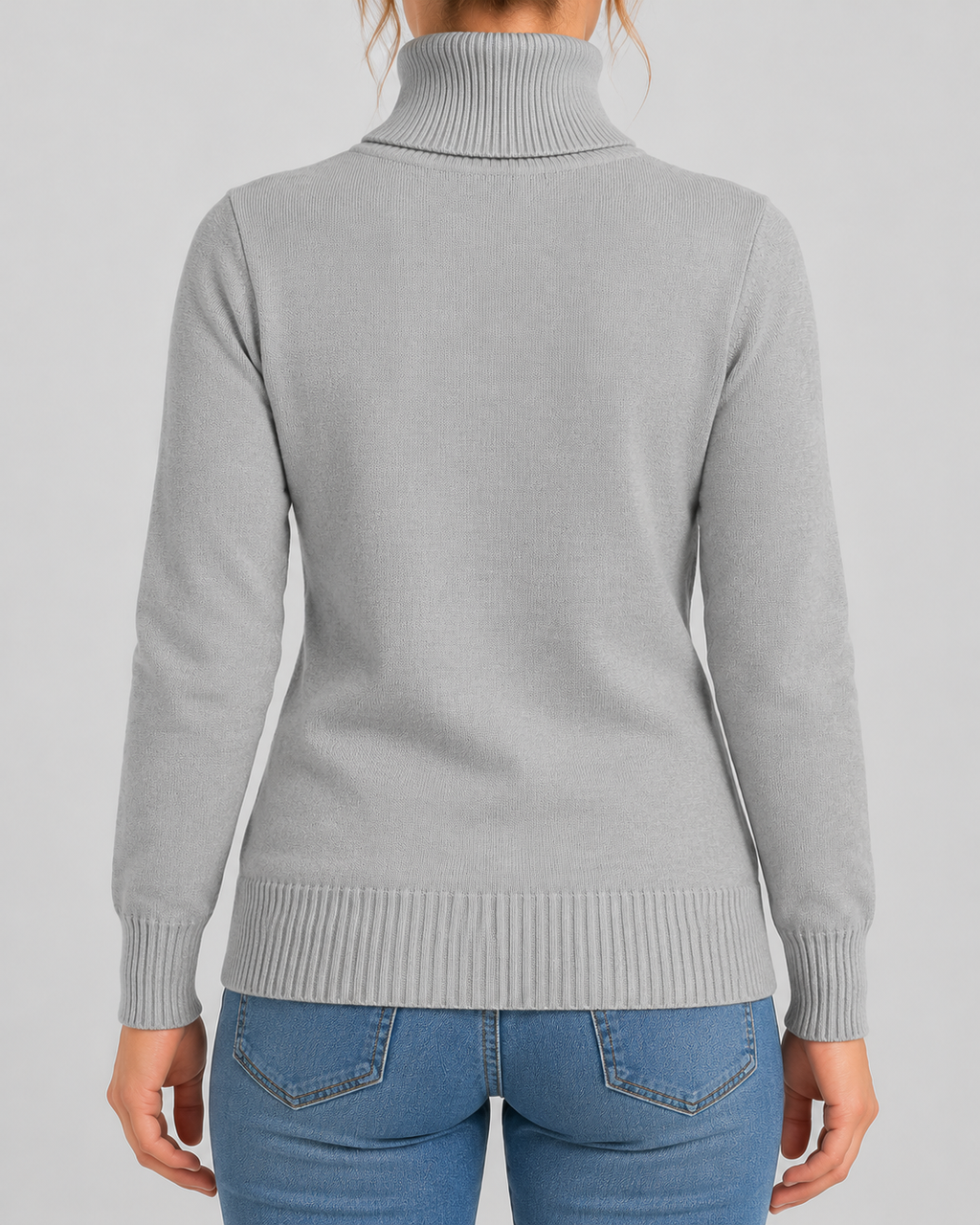 Women's Ribbed Knit Roll Neck Jumper with Plush Lined Interior in Grey – Back View