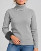 Women's Ribbed Knit Roll Neck Jumper with Plush Lined Interior in Grey – Detail