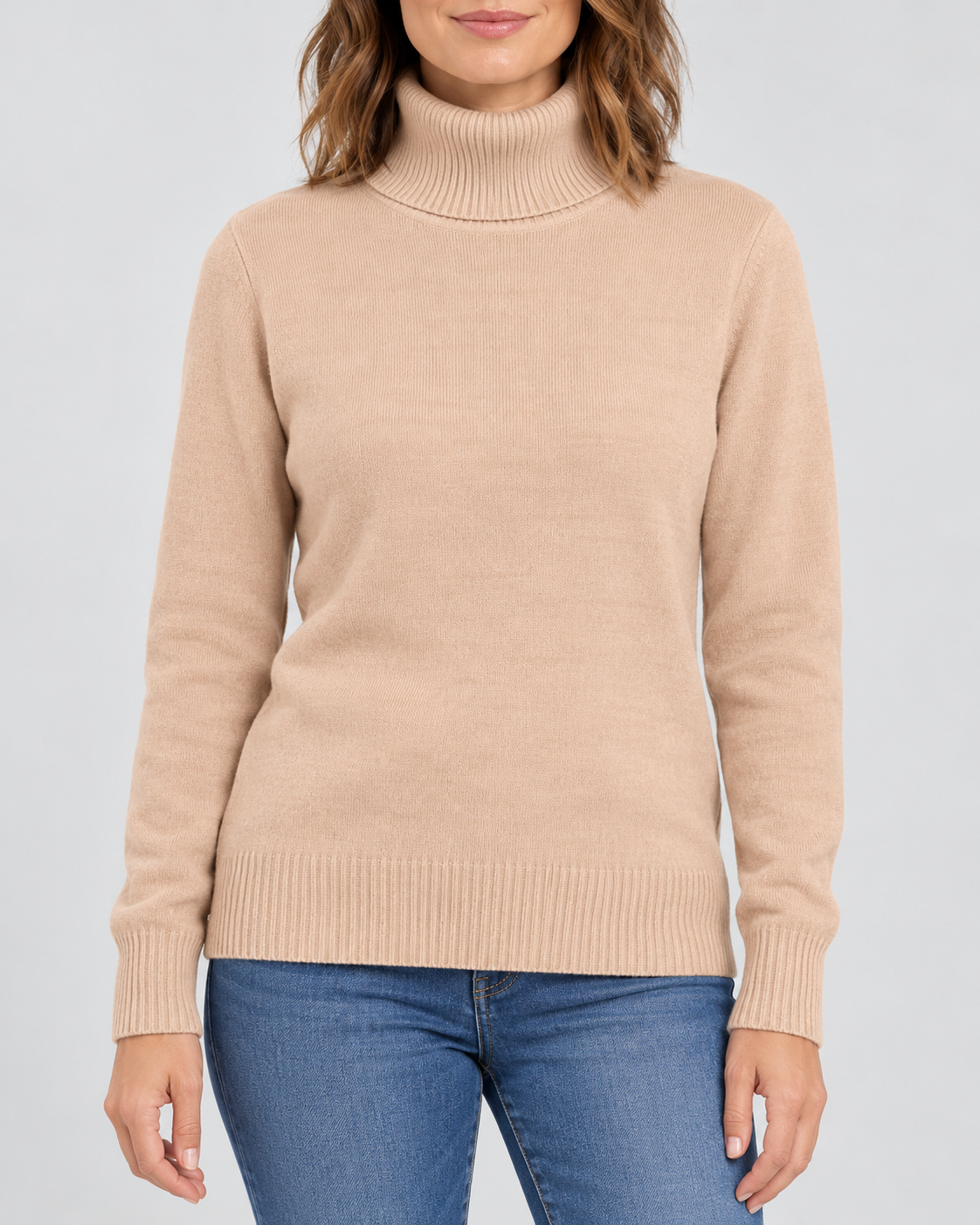 Women's Ribbed Knit Roll Neck Jumper with Plush Lined Interior in Khaki – Front View