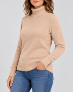 Women's Ribbed Knit Roll Neck Jumper with Plush Lined Interior in Khaki – Three-Quarter View