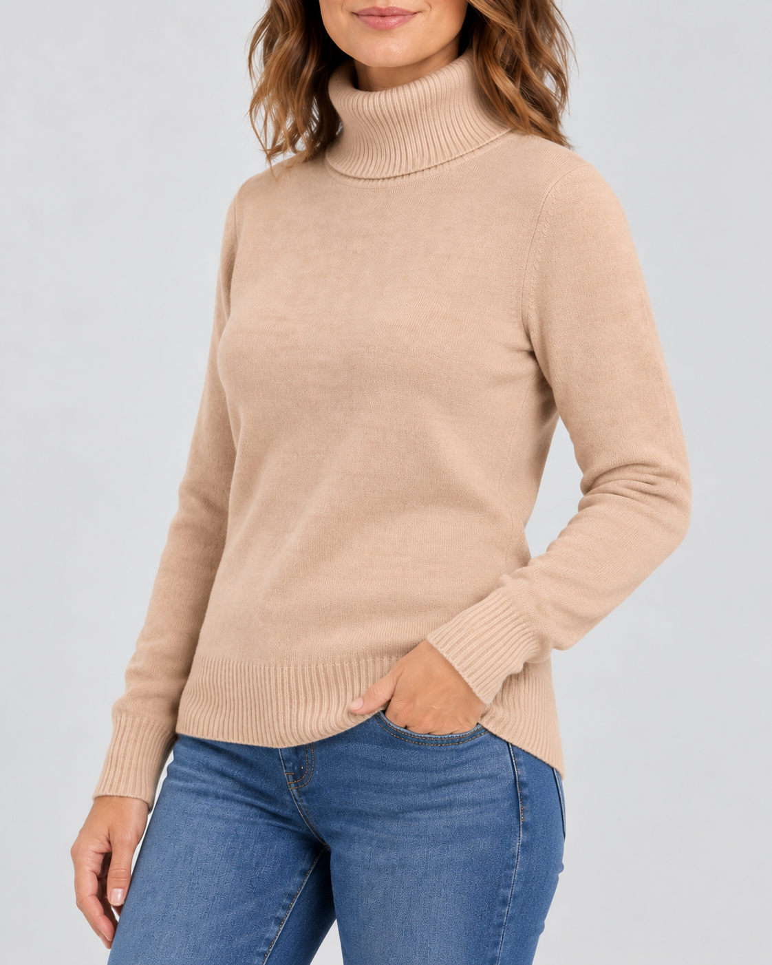 Women's Ribbed Knit Roll Neck Jumper with Plush Lined Interior in Khaki – Three-Quarter View