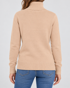 Women's Ribbed Knit Roll Neck Jumper with Plush Lined Interior in Khaki – Back View
