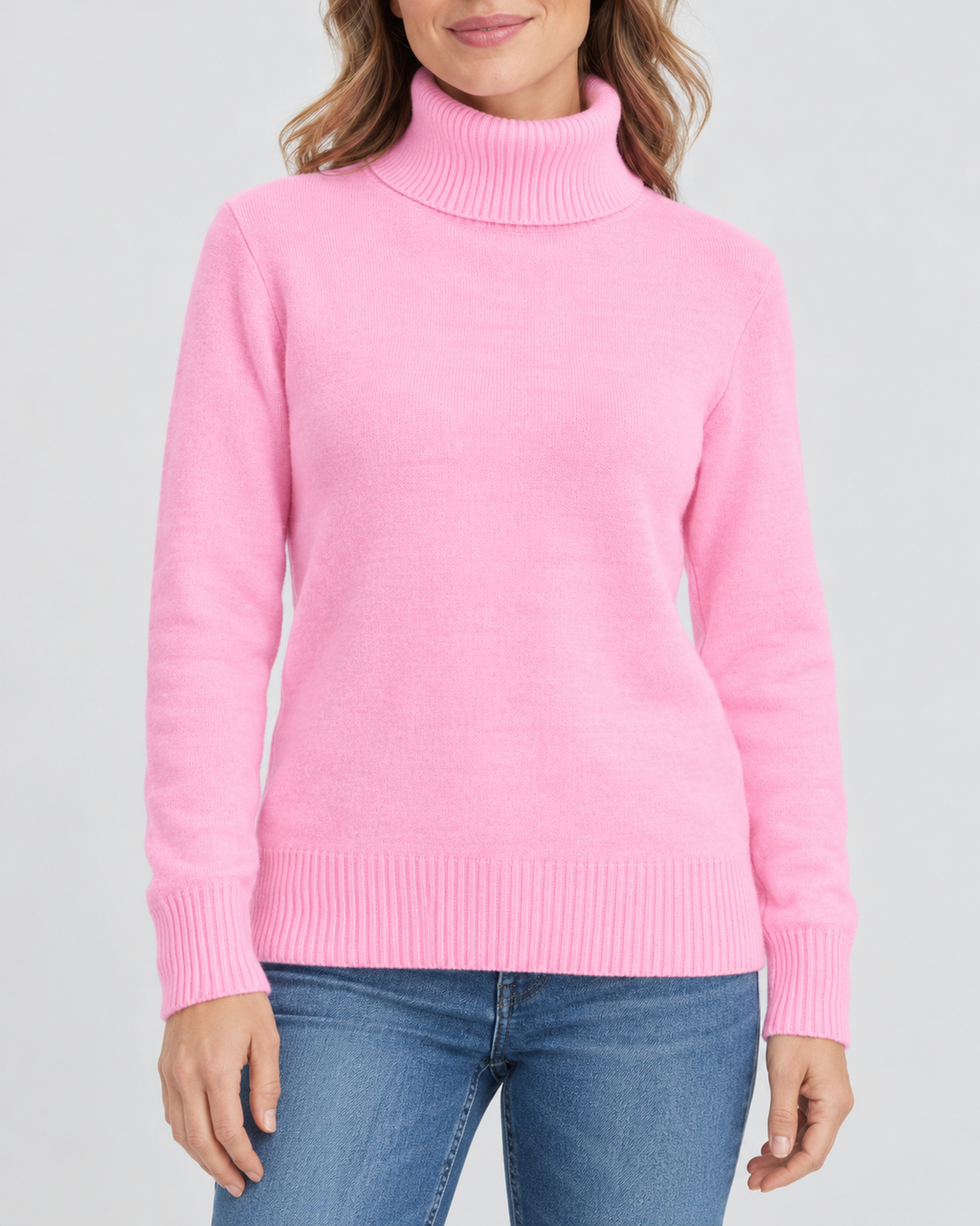 Women's Ribbed Knit Roll Neck Jumper with Plush Lined Interior in Light Pink – Front View