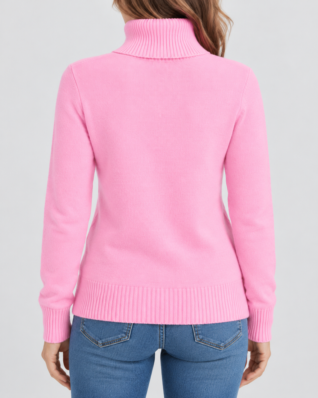 Women's Ribbed Knit Roll Neck Jumper with Plush Lined Interior in Light Pink – Back View