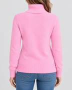 Women's Ribbed Knit Roll Neck Jumper with Plush Lined Interior in Light Pink – Back View
