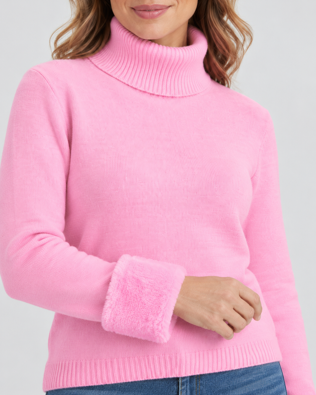 Women's Ribbed Knit Roll Neck Jumper with Plush Lined Interior in Light Pink – Detail