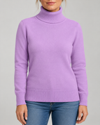 Women's Ribbed Knit Roll Neck Jumper with Plush Lined Interior in Light Purple – Front View