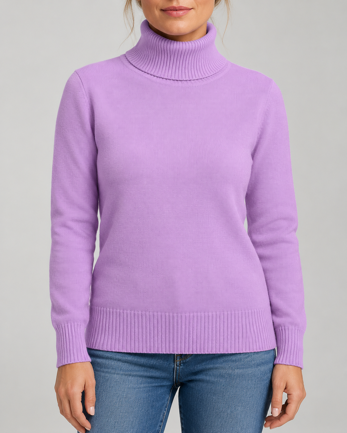 Women's Ribbed Knit Roll Neck Jumper with Plush Lined Interior in Light Purple – Front View