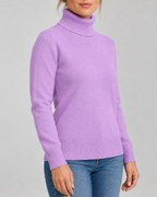 Women's Ribbed Knit Roll Neck Jumper with Plush Lined Interior in Light Purple – Three-Quarter View