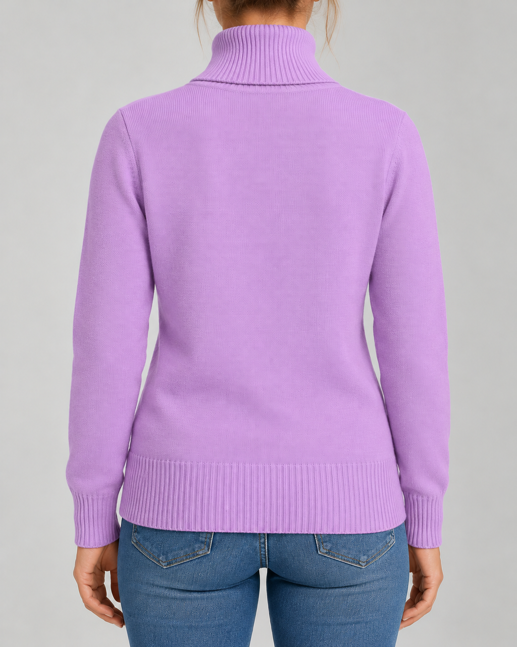 Women's Ribbed Knit Roll Neck Jumper with Plush Lined Interior in Light Purple – Back View