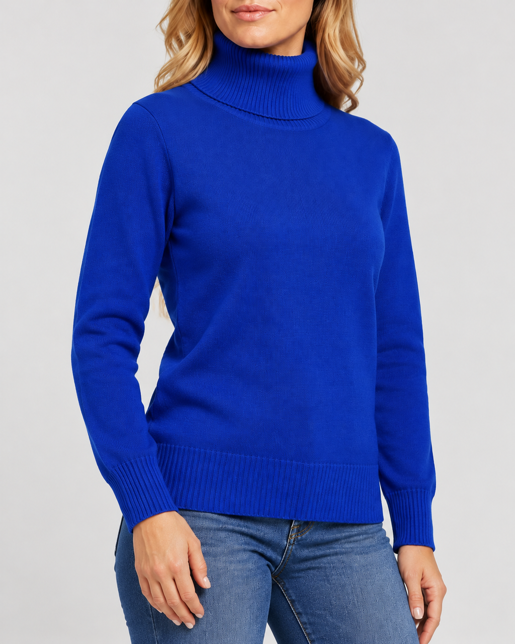 Women's Ribbed Knit Roll Neck Jumper with Plush Lined Interior in Navy – Three-Quarter View