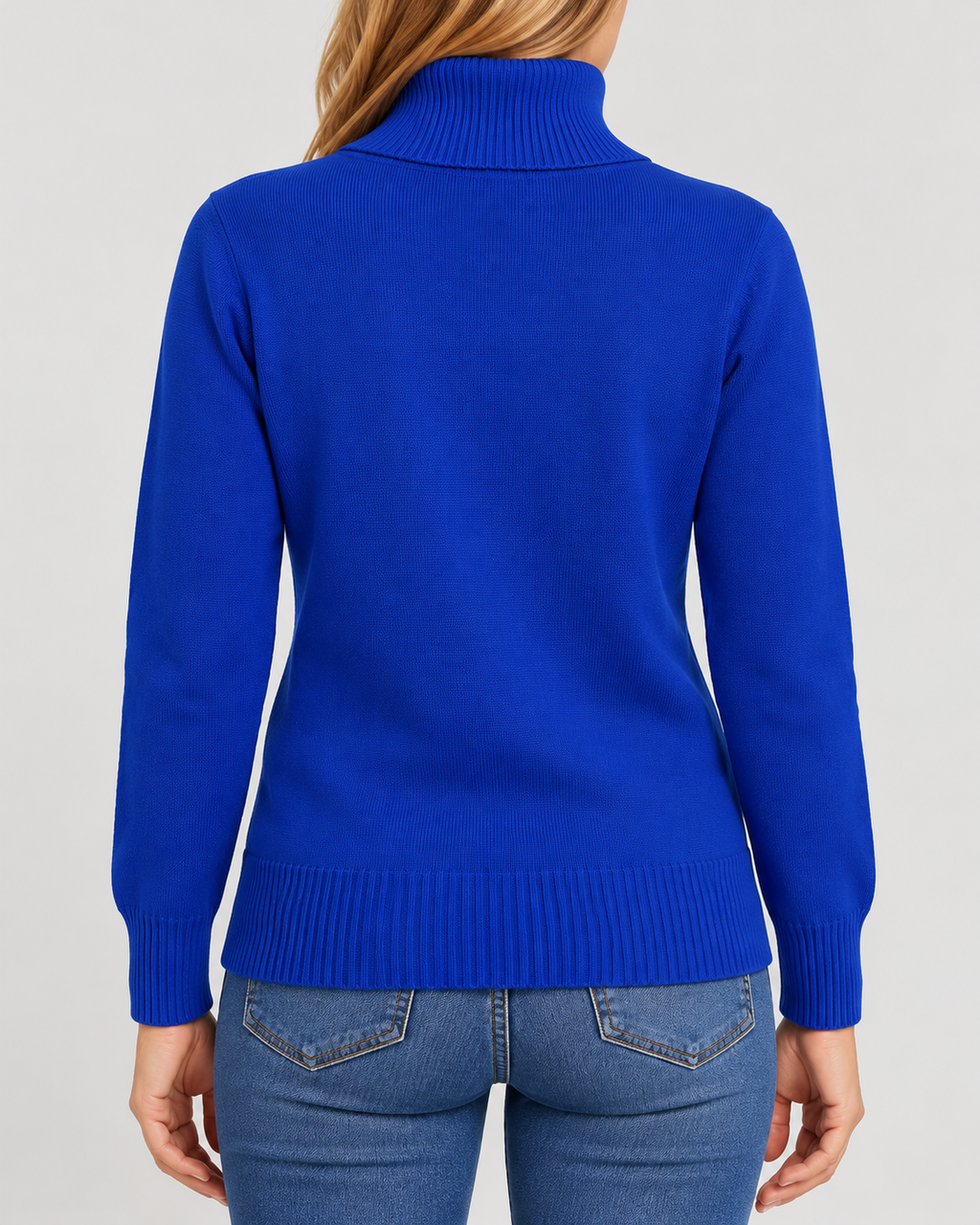 Women's Ribbed Knit Roll Neck Jumper with Plush Lined Interior in Navy – Back View