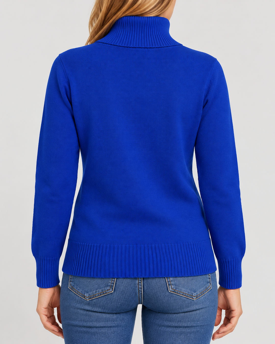 Women's Ribbed Knit Roll Neck Jumper with Plush Lined Interior in Navy – Back View